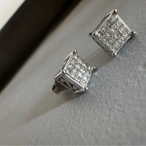 Diamond Princess Cluster Stud Earrings -14k White Gold